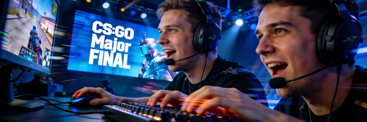 CS:GO Major锦标赛决赛时刻，职业选手在舞台上紧张对决的特写镜头