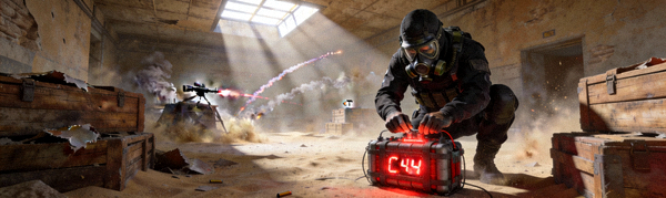 CS:GO游戏中沙漠2地图，恐怖分子安装C4炸弹的紧张游戏场景