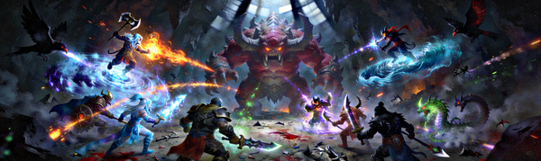 DOTA2游戏画面，展示肉山巢穴及围绕其展开的史诗级团战