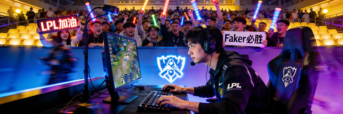 英雄联盟全球总决赛激烈对战现场画面，选手专注操作，观众席气氛热烈